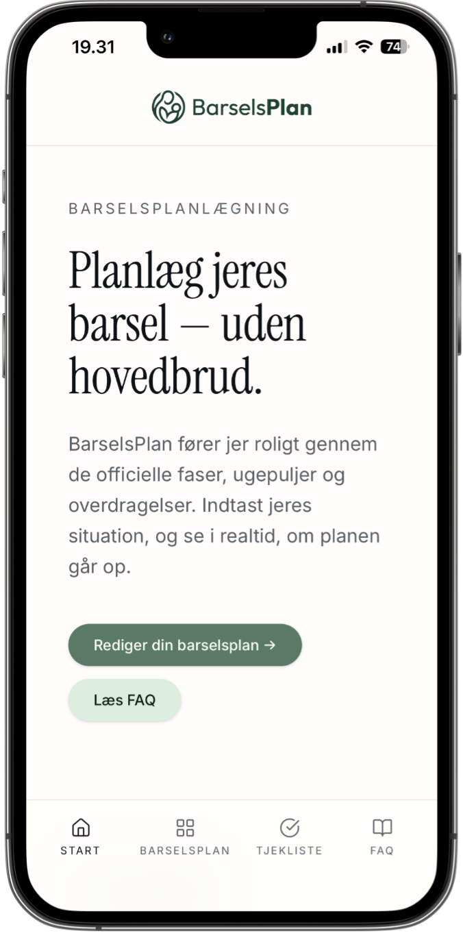 BarselsPlan forside med planlæg-knap